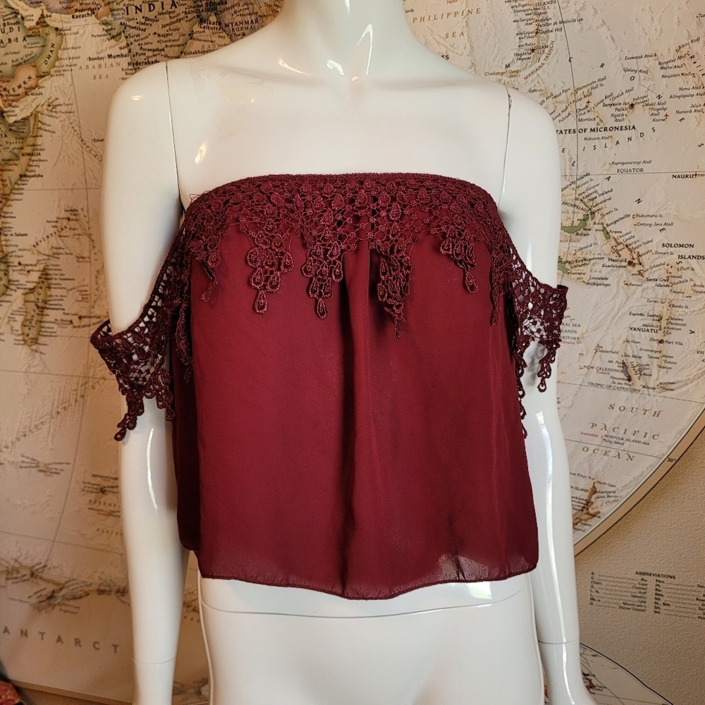 Charlotte Russe off shoulder burgundy lace trim crop top whimsigoth witchy Y2K M